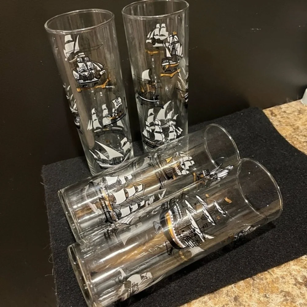 Vintage Libbey Nautical Tall Ship Design Hi Ball Glasses Set of 4